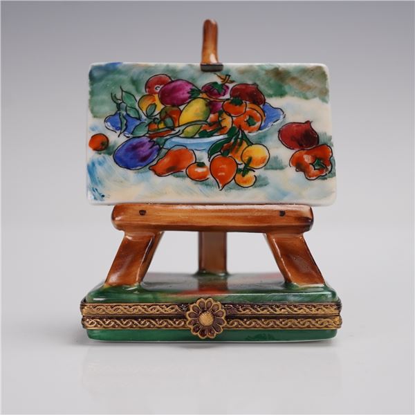 Rochard Limoges Porcelain Treasure Box, Fruit Still Life Canvas on Easel
