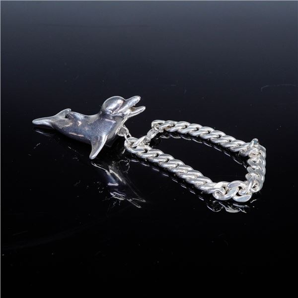 Sterling Silver Dolphin Charm Curb Chain Bracelet