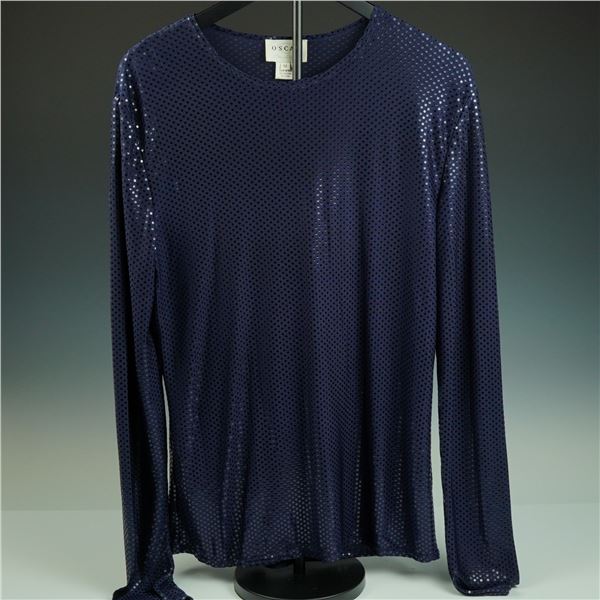 Oscar de la Renta Navy Blue Sequined Mesh Long-Sleeve Blouse