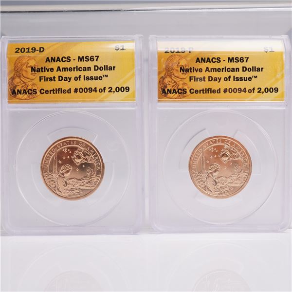 2pc 2019-P & 2019-D Native American Dollar Coins ANACS Graded MS 67