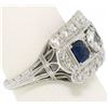 Image 7 : Antique Art Deco Etched Platinum 1.0 ctw European Cut Diamond & Syn Sapphire Rin