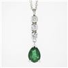 Image 2 : 14K White Gold Pear Emerald & Round Diamond Tear Drop Dangle Pendant w/ Chain
