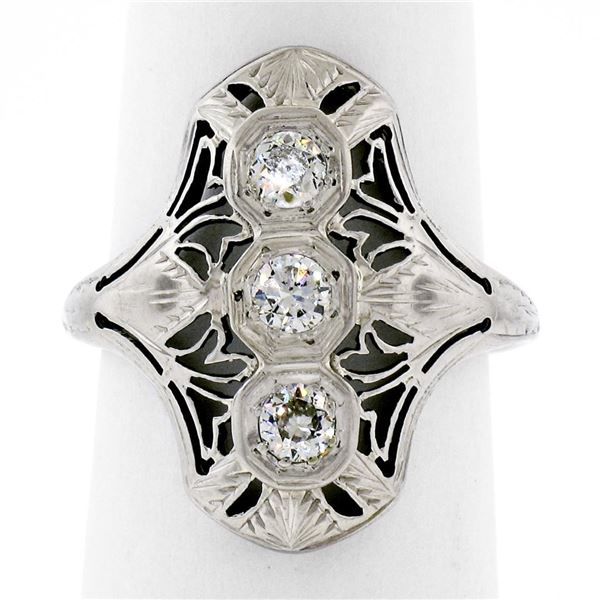 Antique Art Deco 18K White Gold.35 ctw Diamond Domed Etched Filigree Dinner Ring