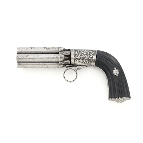 Engraved Belgian Mariette Brevete Five-Barrel Pepperbox Pistol