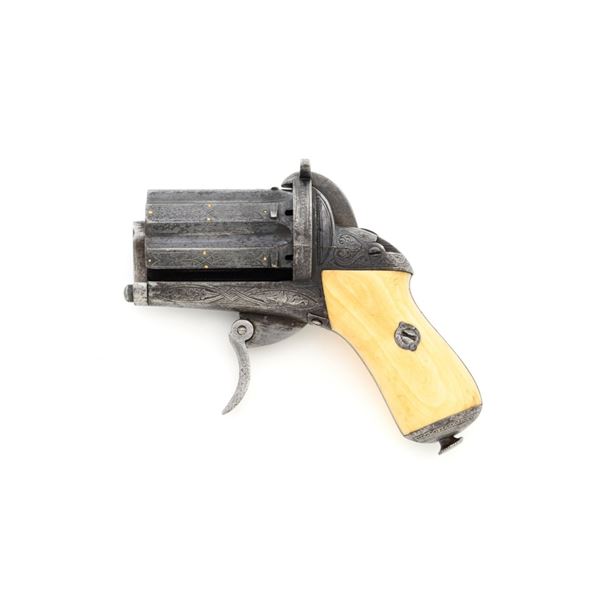 Antique Engraved Belgian Pinfire Pepperbox Revolver