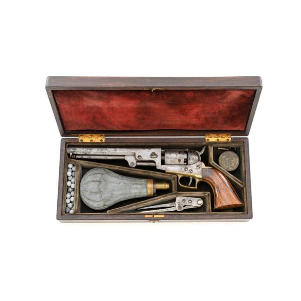 Antique Cased Belgian Brevete Copy of a Colt Model 1851 Squareback Navy Percussion Revolver