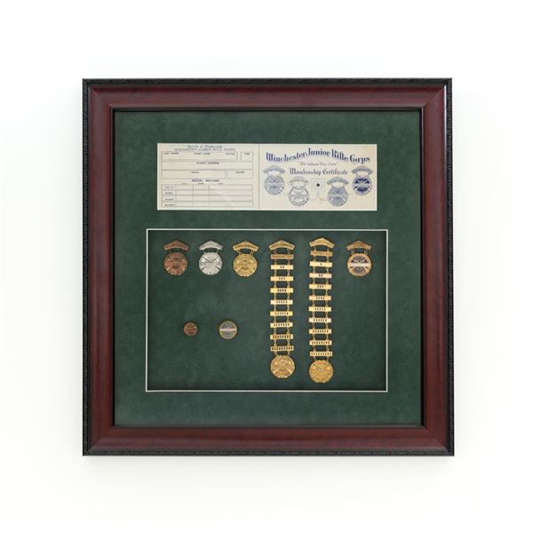 Professionally Matted and Framed Display of Winchester Junior Rifle Corps Shooting Medals and Memora