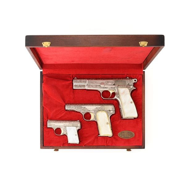 Set of Three Belgian Browning Renaissance Engraved Semi-Automatic Pistols
