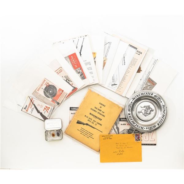 Winchester Collector Lot of Pamphlets, Literature, Pins, and Pewter Presentation Plate