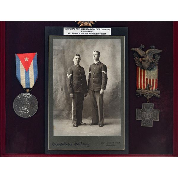 Spanish American War Veteran Framed Display with photographs, medals, and memorabilia