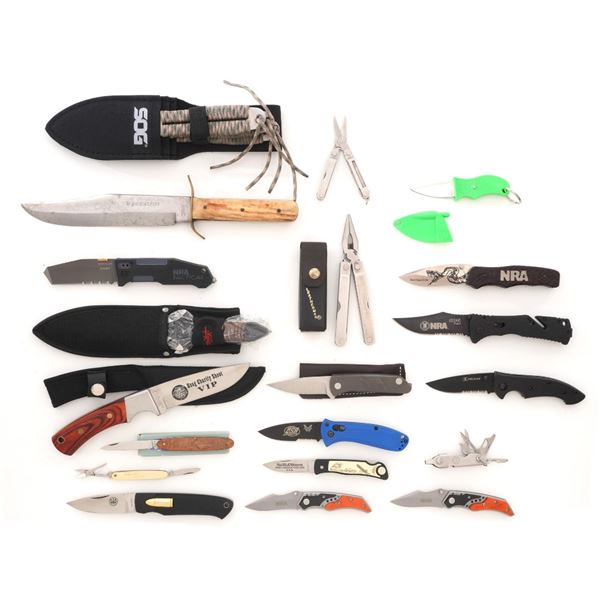 Lot of Twenty (20) Folding and Fixed Blade Knives by SOG, Leatherman, Beretta, Benchmade, S&W, etc