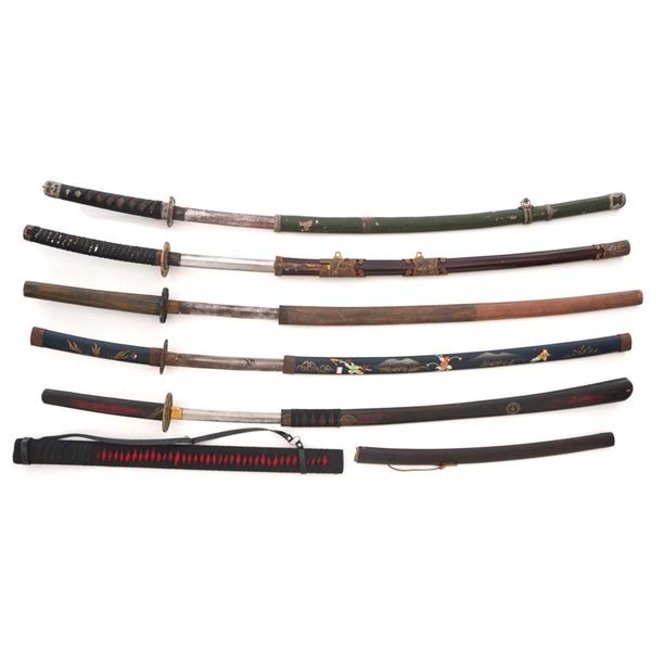Lot of Five (5) Reproduction Japanese Style Swords and Two (2) Scabbards