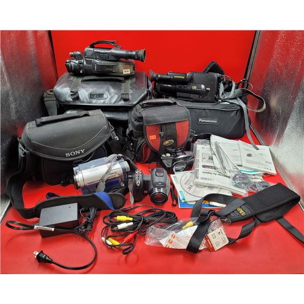 Camcorder, Camera, & Accessory Lot w/ Panasonic Camcorder, Olympus Camera, Carrying Bags, & More