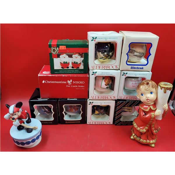 VTG Christmas Decor Lot w/ Alderbrook Ornaments, Santa Salt & Pepper Shakers, Candleholder, & More