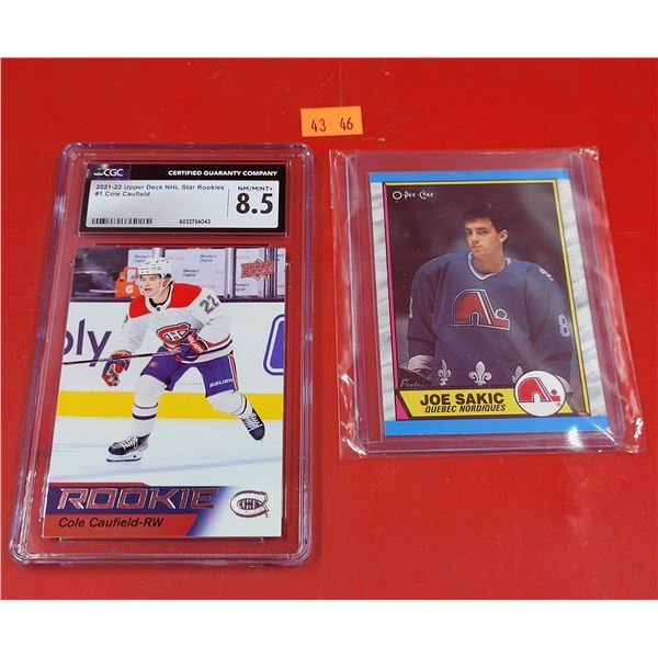 Cole Caufield Montreal Canadiens Rookie Card & Joe Sakic Quebec Nordiques Rookie Card
