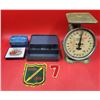Image 1 : VTG Lot w/ Universal Household Scale, Tobacco Tin, Rover Crew Patch, & More