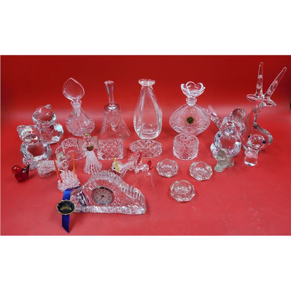Crystal Lot w/ Mantle Clock, Decanters, Bell, & More