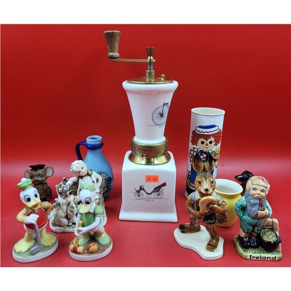 VTG Ceramic Lot w/ Coffee Grinder, Disney Figurines, Goebel Rabbit Figurine, & More