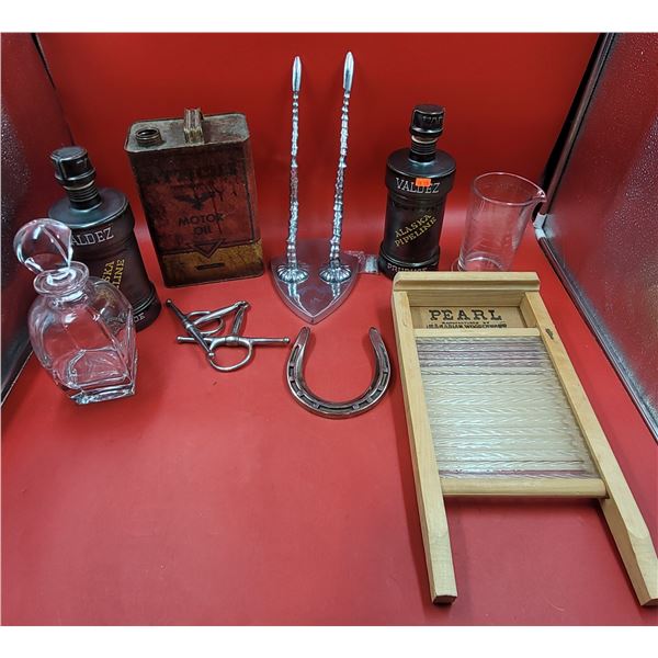 Decor Lot w/ Pearl Washing Board, Decanters, Horseshoe, Motor Oil Can, & More