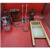 Image 1 : Decor Lot w/ Pearl Washing Board, Decanters, Horseshoe, Motor Oil Can, & More