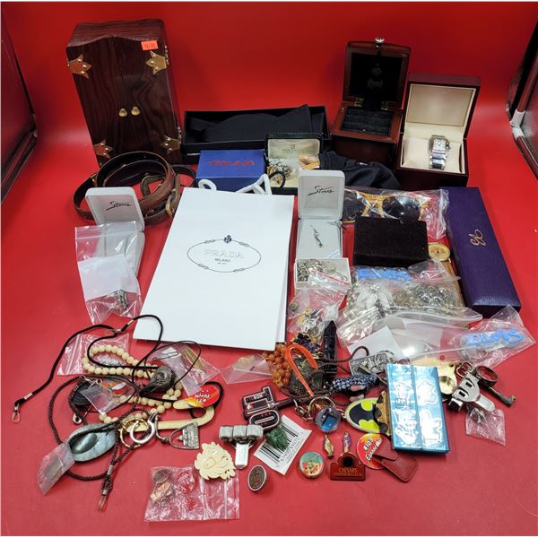 Smalls Lot w/ Costume Jewelry, Batman Belt Buckle, Belts, Prada Gift Bags, & More