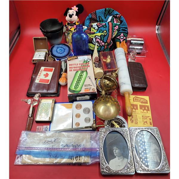 Smalls Lot w/ Jerusalem Beaded Bag, Man Cave Bottle Chiller, Rolling Pin, Travel Clock, & More