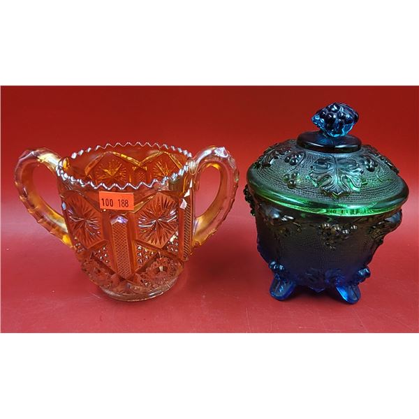 Marigold Carnival Glass Sugar Bowl & Harvest Grape Candy Dish w/ Lid