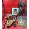 Image 1 : VTG Decor Lot w/ Varnished Wood Clock, Cherub Print, Wall Mirror, & More