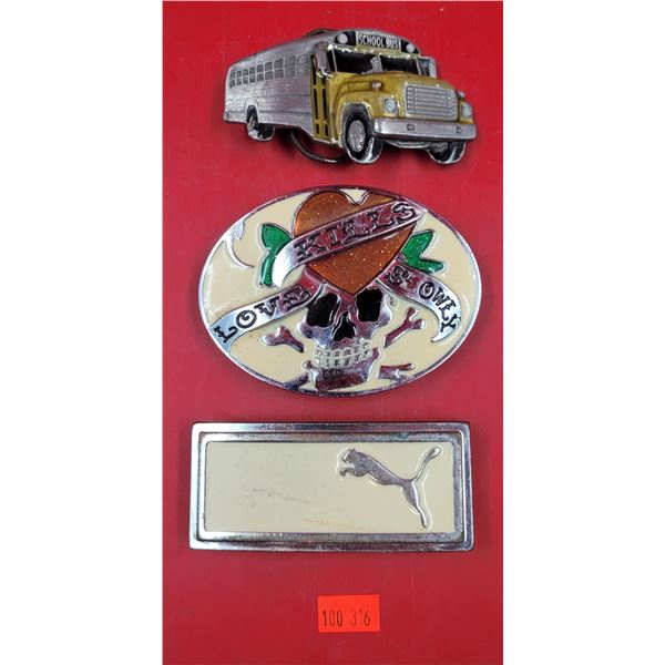 3 Metal Belt Buckles w/ Puma, Love Kills Slowly, & More