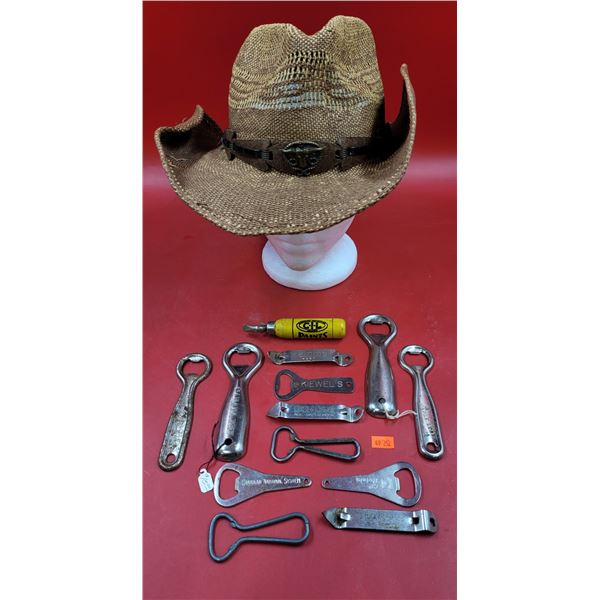 Assorted Bottle Openers & Stone Age Natural Straw Hat