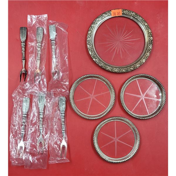 Sterling Silver Coasters & VTG Serving Forks