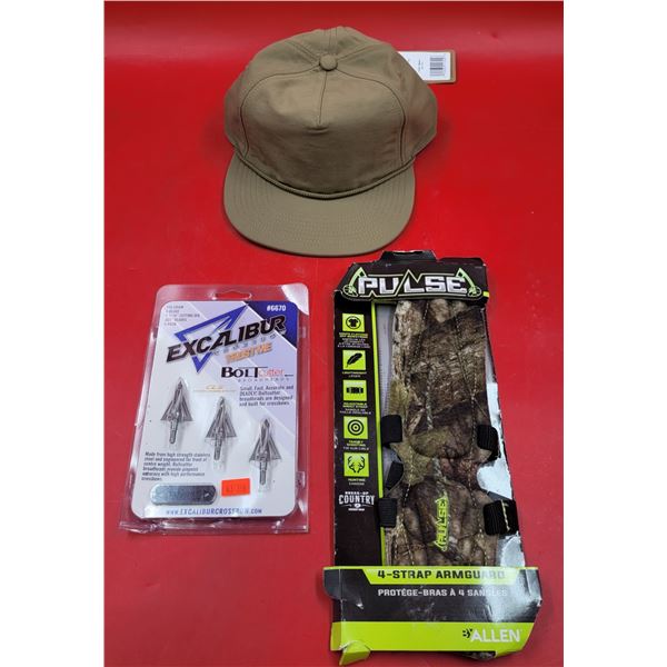 Crossbow Hunting Lot w/ Excalibur Crossbow Broadheads, Pulse 4-Strap Armguard, & Hat
