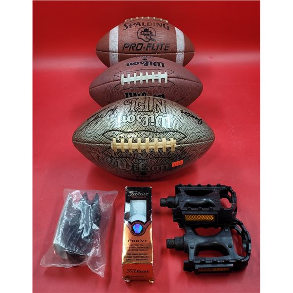 Sporting Good Lot w/ 3 Footballs, Bicycle Pedals, Golf Balls, & More