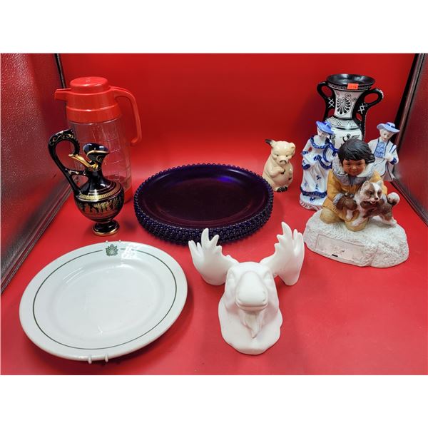 Home Decor Lot w/ Cobalt Blue Hobnail Dish, Greek Pitcher, & More