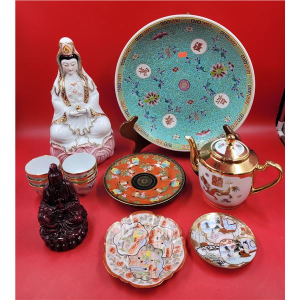 Asian Dish & Decor Lot w/ Teapot, Saucers, Teacups, Figurines, & More
