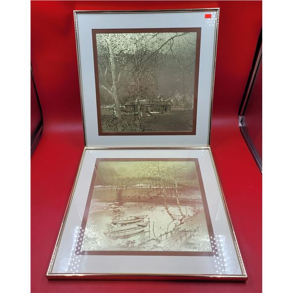 2 Framed Manifestations Optical Illusionary Gold Foil Art Pieces Handmade in France