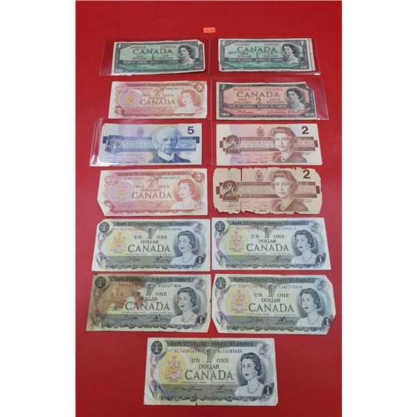 Assorted VTG Bank of Canada Paper Bills w/ $1, $2, & $5