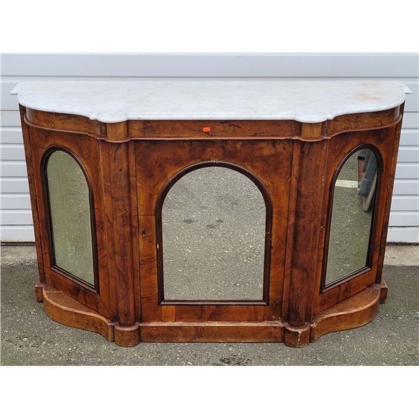 Victorian Burr Walnut Mirrored Credenza/Sideboard w/ Marble Top