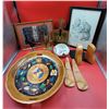 Image 1 : Wood & Print Lot w/ Wooden Serving Tray, Native Print, Wooden Figurines, & More