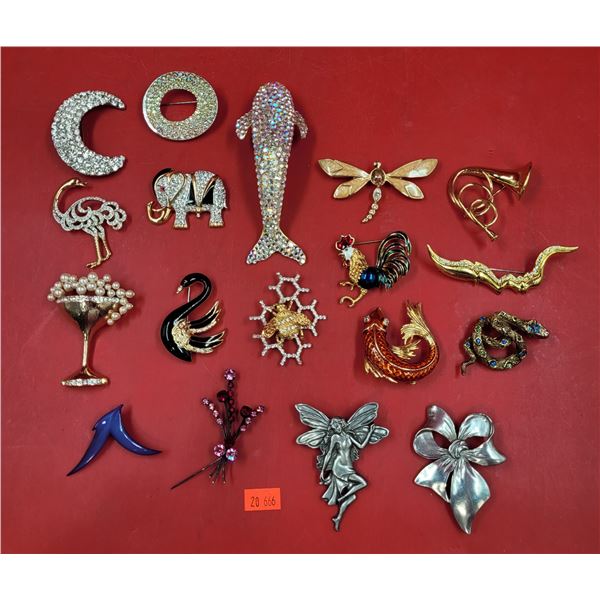 Assorted Brooch Lot w/ Honey Bee, Fairy, Koi Fish, Snake, Rooster, Martini, & More