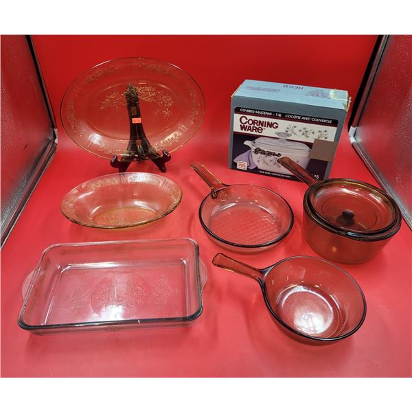 Lot of Glassware & Corning Ware w/ Amber Glass Serving Plate, Blue Dusk Casserole Dish, & More