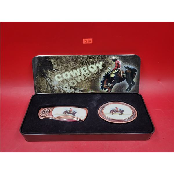 Cowboy Pocket Knife & Metal Belt Buckle Set