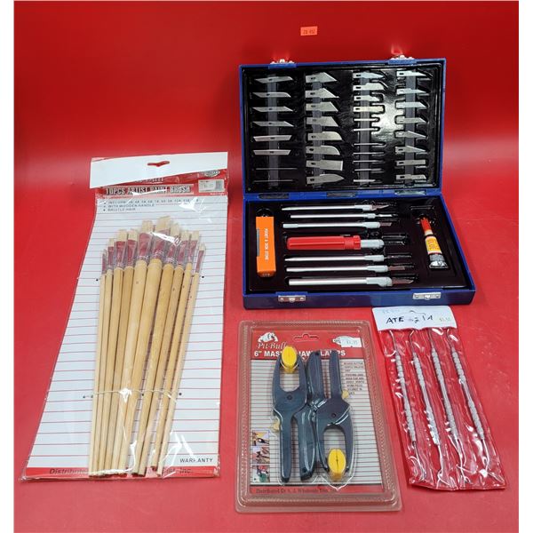 Arts & Crafts Lot w/ Hobby Knife Set, Assorted Paintbrushes, & More