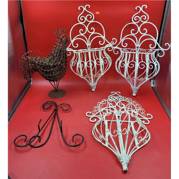 Lot of Wrought Iron Wall Planters & Metal Rooster Decor