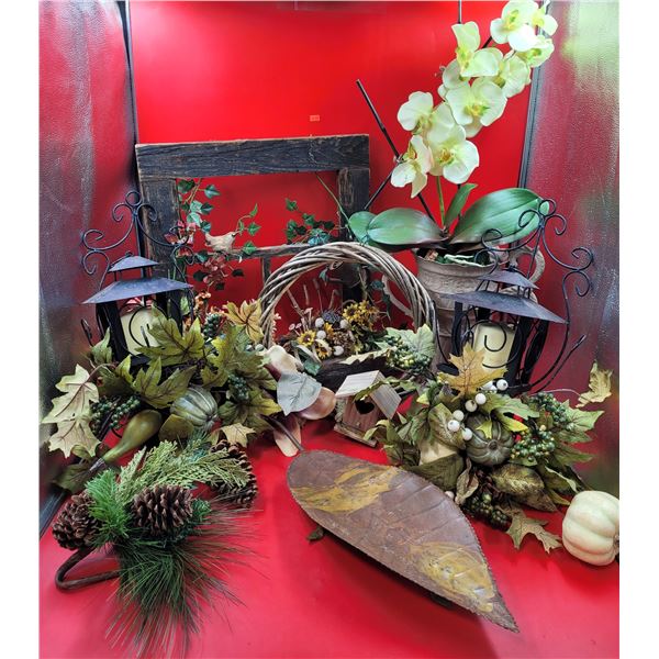 Lot of Assorted Nature Decor w/ Leaf Dish, Floral Wreath, Wall Lantern, & More