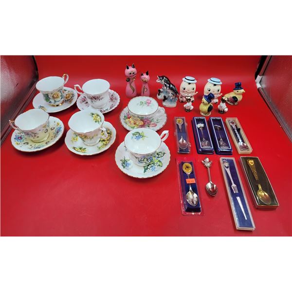 Tea Cups/Saucers, Salt/Pepper Shakers & Spoons