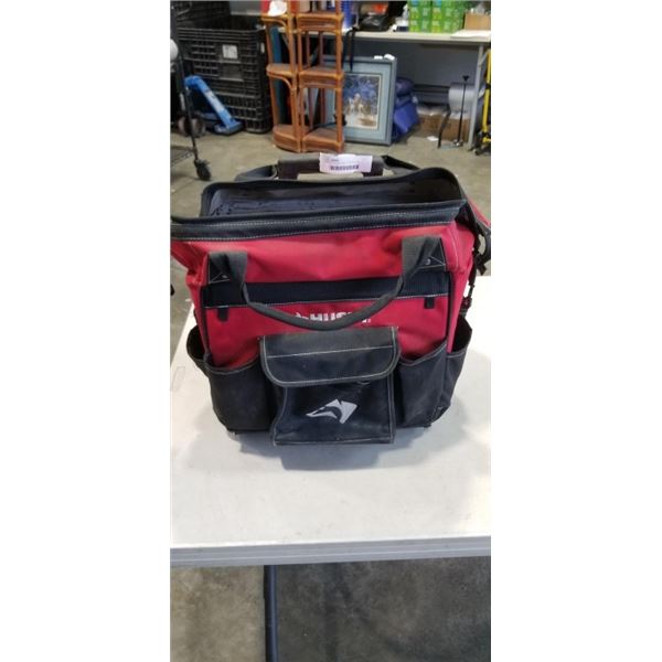 HUSKY ROLLING TOOL TOTE FULL OF ASSORTED HAND TOOLS, TAPE MEASURE AND SHOP SUPPLY