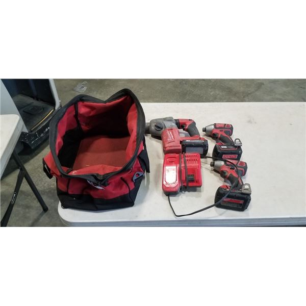 MILWAUKEE FUEL BRUSHLESS 1" SDS PLUS ROTARYHAMMER DRILL , 2 IMPACT DRILLS, CHARGER AND 3 BATTERIES, 