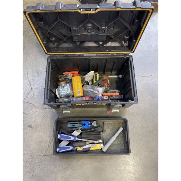 DEWALT TOOL CRATE WITH ASSORTED HAND TOOLS AND SHOP SUPPLY