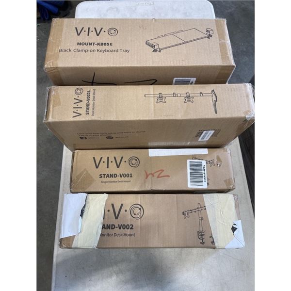 VIVO DUAL MONITOR DESK STAND, DUAL MONITOR DESK MOUNT, SINGLE MONITOR DESK MOUNT AND KEYBOARD TRAY
